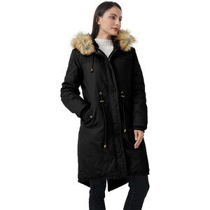 Women's Fluffy Faux Lined Long Sleeve Black Hooded Vest Jacket Coat Winter Warm